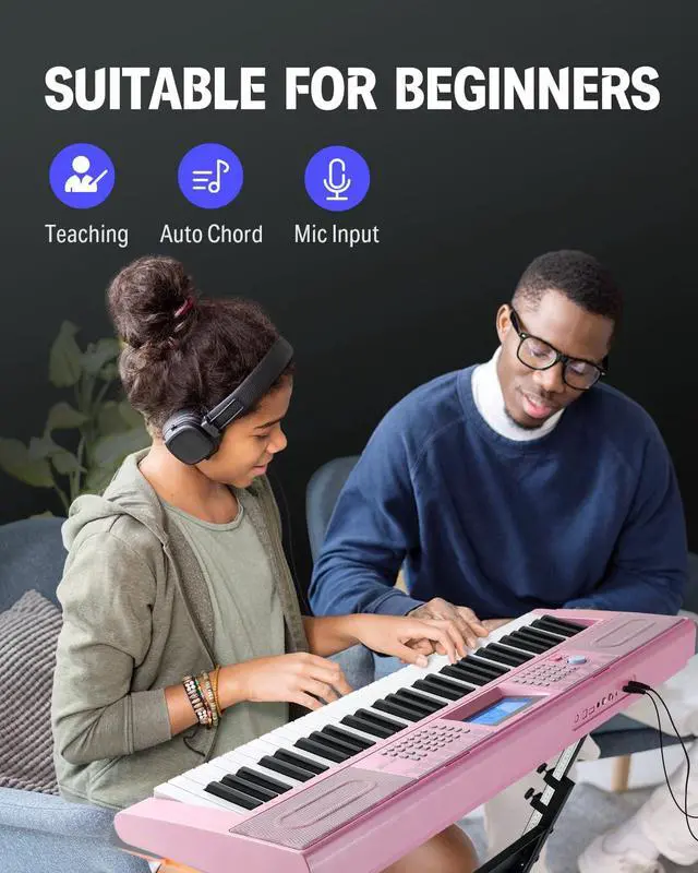 Alt view image 4 of 7 - 61 Key Keyboard Piano, Electric Piano Keyboard Kit with 249 Voices, 249 Rhythms - Includes Piano Stand, Stool, Microphone, Gift for Beginners, Pink (DEK-610S)