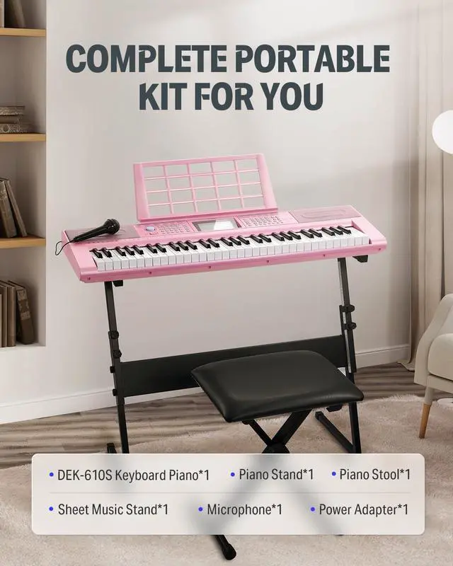 Alt view image 7 of 7 - 61 Key Keyboard Piano, Electric Piano Keyboard Kit with 249 Voices, 249 Rhythms - Includes Piano Stand, Stool, Microphone, Gift for Beginners, Pink (DEK-610S)