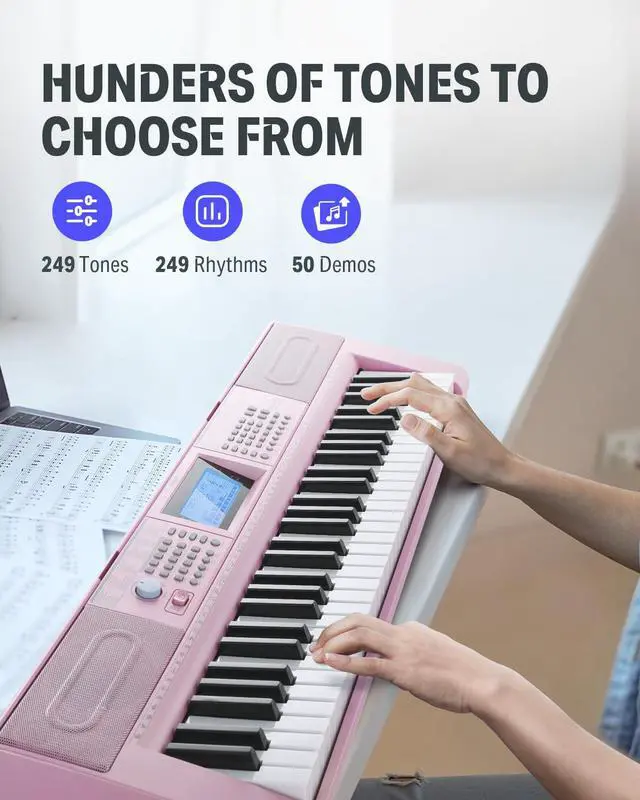 Alt view image 2 of 7 - 61 Key Keyboard Piano, Electric Piano Keyboard Kit with 249 Voices, 249 Rhythms - Includes Piano Stand, Stool, Microphone, Gift for Beginners, Pink (DEK-610S)