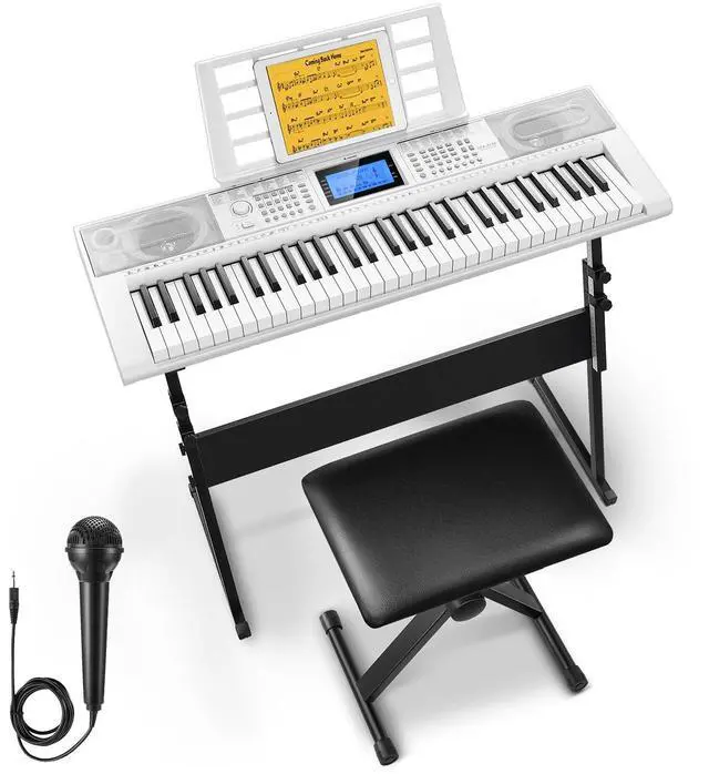 Main image of 61 Key Keyboard Piano, Electric Piano Keyboard Kit with 249 Voices, 249 Rhythms - Includes Piano Stand, Stool, Microphone, Gift for Beginners, White (DEK-610S)