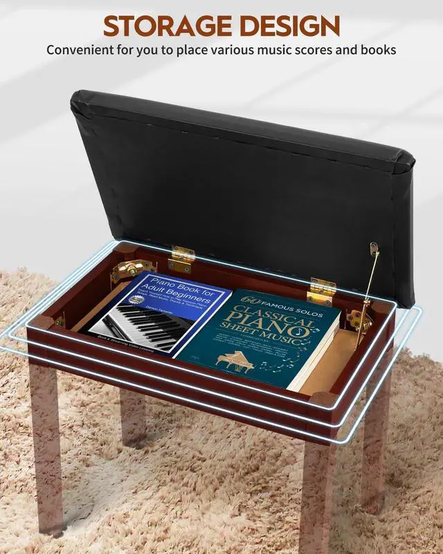 Alt view image 3 of 7 - Piano Bench with Storage, Solid Wood Keyboard Bench Piano Bookcase Stool Chair Seat with Padded Cushion, Deep Brown