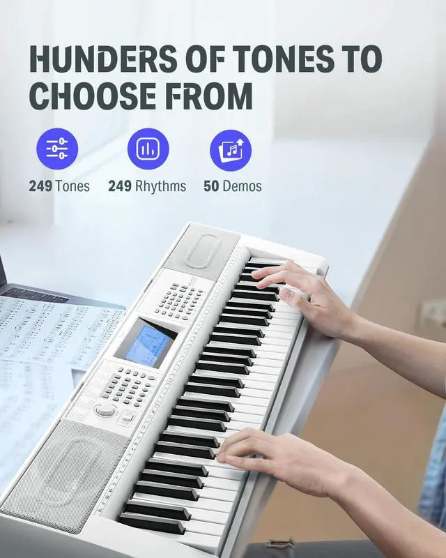 Alt view image 2 of 7 - 61 Key Keyboard Piano, Electric Piano Keyboard Kit with 249 Voices, 249 Rhythms - Includes Piano Stand, Stool, Microphone, Gift for Beginners, White (DEK-610S)