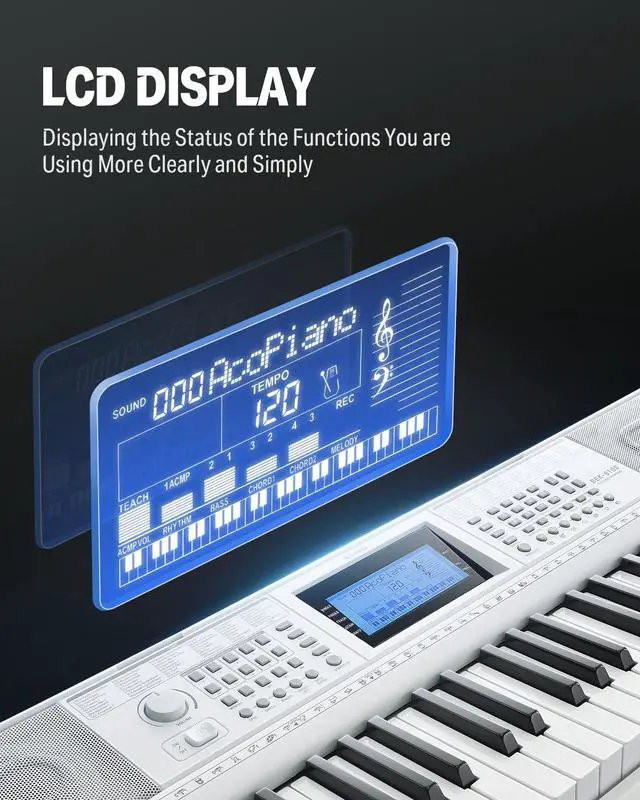Alt view image 3 of 7 - 61 Key Keyboard Piano, Electric Piano Keyboard Kit with 249 Voices, 249 Rhythms - Includes Piano Stand, Stool, Microphone, Gift for Beginners, White (DEK-610S)