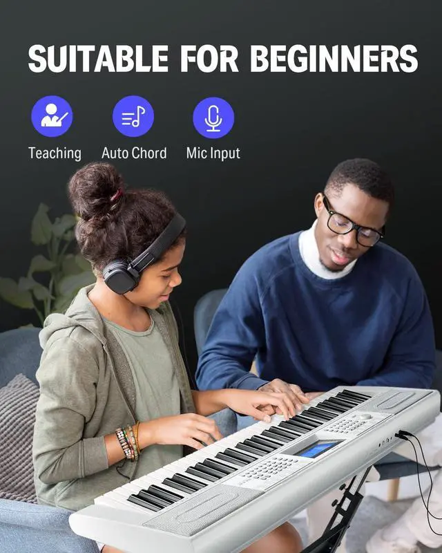 Alt view image 4 of 7 - 61 Key Keyboard Piano, Electric Piano Keyboard Kit with 249 Voices, 249 Rhythms - Includes Piano Stand, Stool, Microphone, Gift for Beginners, White (DEK-610S)