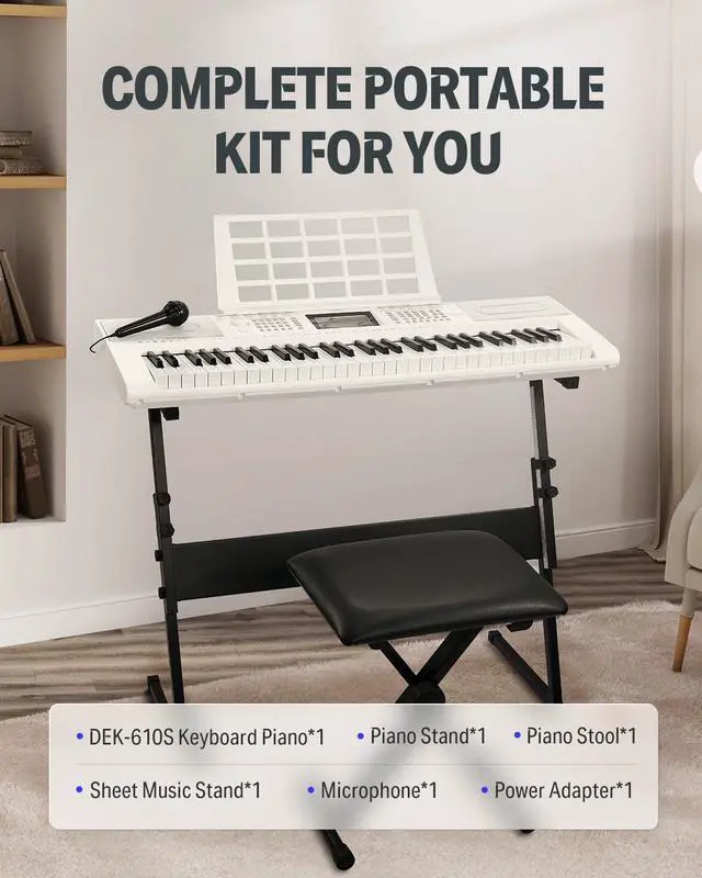 Alt view image 7 of 7 - 61 Key Keyboard Piano, Electric Piano Keyboard Kit with 249 Voices, 249 Rhythms - Includes Piano Stand, Stool, Microphone, Gift for Beginners, White (DEK-610S)