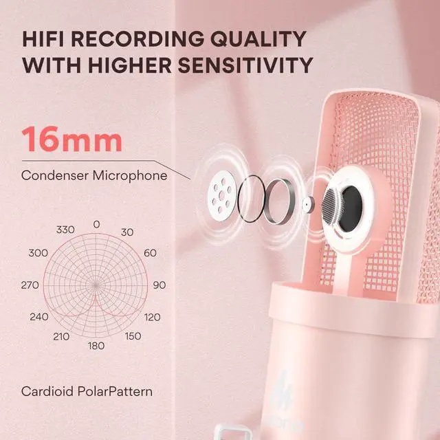 Alt view image 3 of 7 - A04 Pink USB Microphone, 192kHz/24Bit Condenser Mic for PC Podcast | Plug & Play Computer Cardioid Metal Mic Kit with Pro Sound Chipset for Recording, Gaming, Content Creation, Stream, YouTube