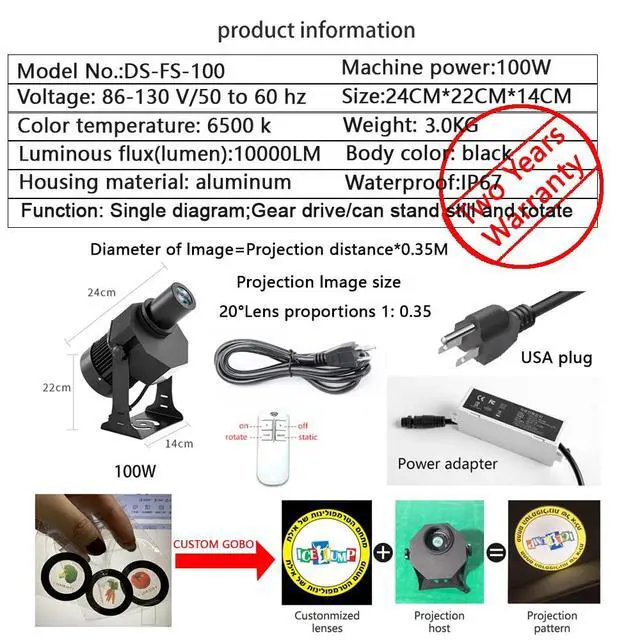 Alt view image 2 of 7 - 100W LED Logo GOBO Projector Ip67 Waterproof DJ Effect Light Including Free Custom Glass GOBO to Project Image for Hotel Company Store Wedding Advertising Indoor and Outdoor Use (100W)