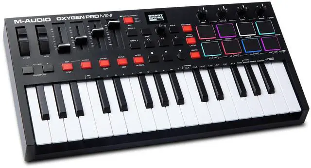 Main image of Oxygen Pro Mini 32-Key USB MIDI Keyboard Controller for MacOS and WinOS, with Beat Pads, Assignable Knobs and Faders, and Native Instruments Sound Pack (NKS Integration)