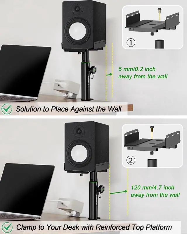 Alt view image 3 of 7 - Dual Side Clamp Desktop Studio Monitor Stands Against The Wall | Set of 2, 9"-14" Height Adjustable, Extendable Top Plate Mounted by Screws, Desktop Clamp