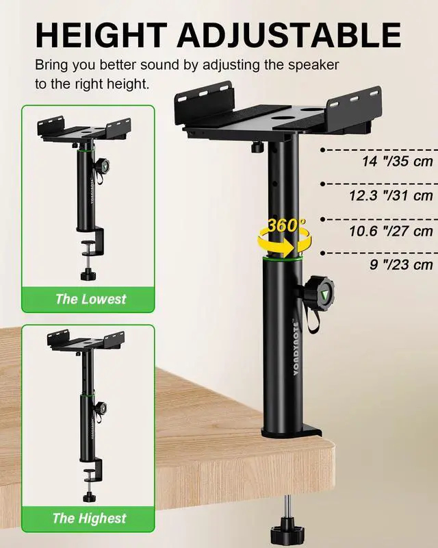 Alt view image 4 of 7 - Dual Side Clamp Desktop Studio Monitor Stands Against The Wall | Set of 2, 9"-14" Height Adjustable, Extendable Top Plate Mounted by Screws, Desktop Clamp