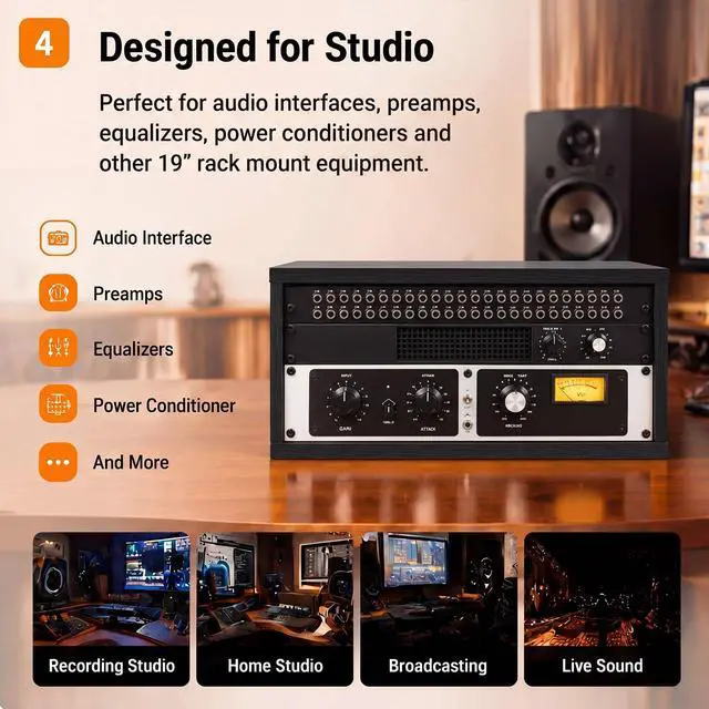 Alt view image 2 of 6 - 4U Wooden Studio Rack for Pro Audio Gear 4u Audio Rack Case in Oak Finish Compact Efficient Desktop Storage Protect Equipment Studio Control Home Room Use(Black)