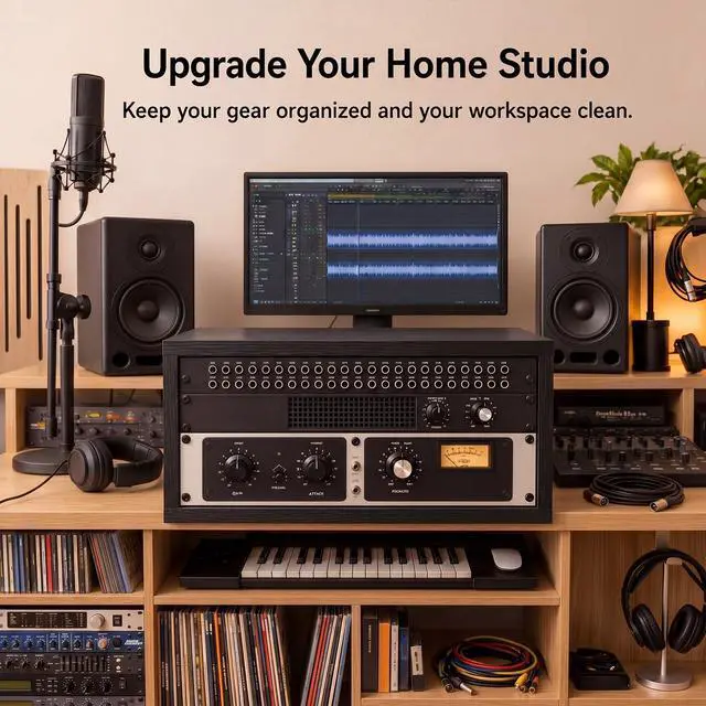 Alt view image 5 of 6 - 4U Wooden Studio Rack for Pro Audio Gear 4u Audio Rack Case in Oak Finish Compact Efficient Desktop Storage Protect Equipment Studio Control Home Room Use(Black)