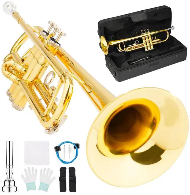 Main image of Bb Standard Trumpet Set for Beginner, Brass Student Trumpet with Carrying Case, Care Kit, Valve Oil, Cloth, 7C Mouthpiece & Gloves Gold