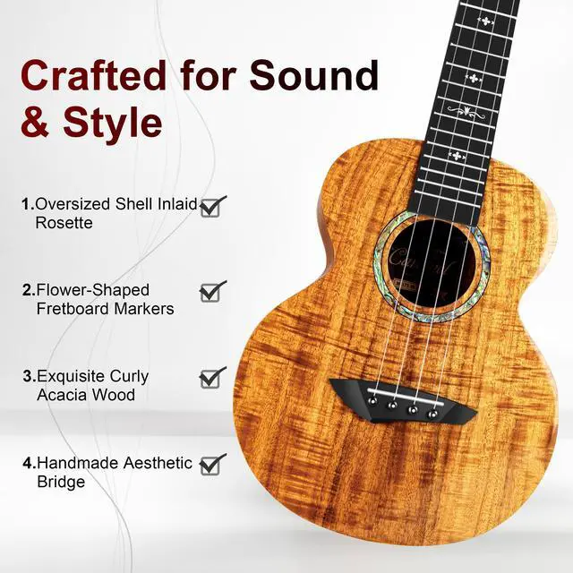 Alt view image 2 of 7 - CAG28 Glossy Curly Acacia 23" Concert Ukulele | Handmade Ukelele Starter Kit