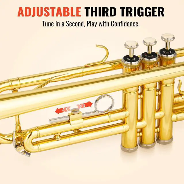 Alt view image 6 of 7 - Bb Standard Trumpet Set for Beginner, Brass Student Trumpet with Carrying Case, Care Kit, Valve Oil, Cloth, 7C Mouthpiece & Gloves Black