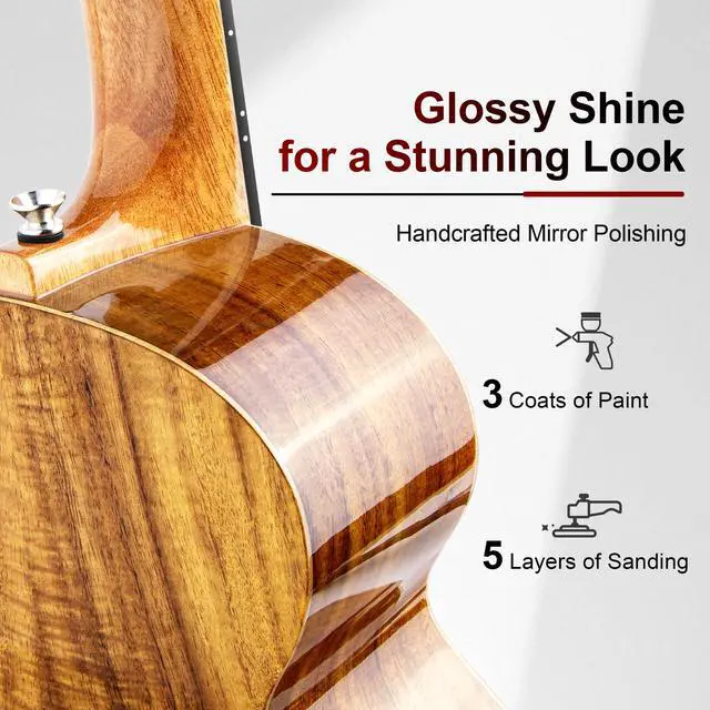 Alt view image 5 of 7 - CAG28 Glossy Curly Acacia 23" Concert Ukulele | Handmade Ukelele Starter Kit