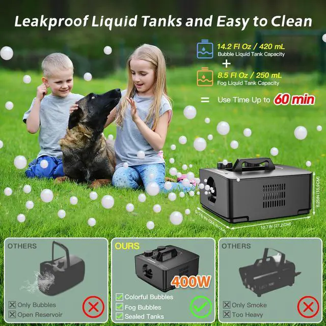 Alt view image 3 of 7 - Fog Bubble Machine, 2-in-1 No-Spill Smoke Bubble Machine (Black) | Leak-proof Tanks, 400W Power, 2 Bubble Modes, 8000+ Colorful or Fog-filled Bubbles for Indoor Outdoor Halloween Party
