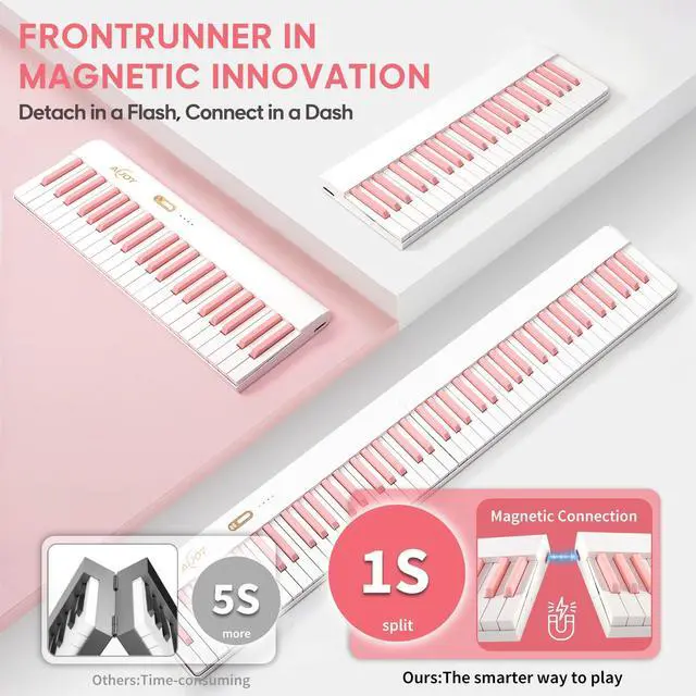 Alt view image 3 of 7 - 88 Key Portable Keyboard Piano with Velocity Sensitive Keys, Pink | Magnetic Detachable, Split & Ultralight, Full-size Travel Piano, USB-MIDI, Carry Case, Birthday Gift for Beginner