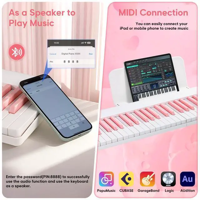 Alt view image 7 of 7 - 88 Key Portable Keyboard Piano with Velocity Sensitive Keys, Pink | Magnetic Detachable, Split & Ultralight, Full-size Travel Piano, USB-MIDI, Carry Case, Birthday Gift for Beginner