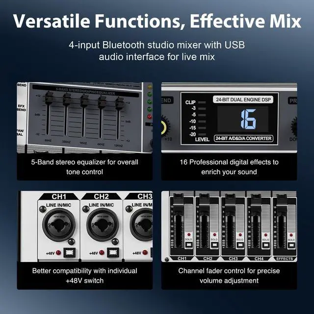 Alt view image 3 of 6 - Professional Audio Mixer, Sound Console w/USB Audio Interface, 4-Channel Sound board DJ Mixer w/Stereo Equalizer, 16 DSP Effects, suitable for Stage, Live Gigs, and Karaoke (PTX-15)