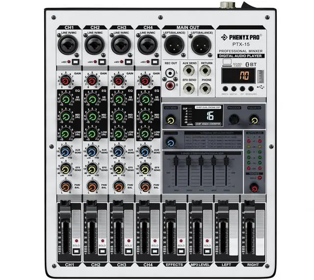 Main image of Professional Audio Mixer, Sound Console w/USB Audio Interface, 4-Channel Sound board DJ Mixer w/Stereo Equalizer, 16 DSP Effects, suitable for Stage, Live Gigs, and Karaoke (PTX-15)