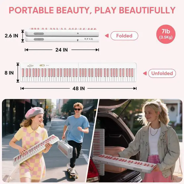 Alt view image 5 of 7 - 88 Key Portable Keyboard Piano with Velocity Sensitive Keys, Pink | Magnetic Detachable, Split & Ultralight, Full-size Travel Piano, USB-MIDI, Carry Case, Birthday Gift for Beginner