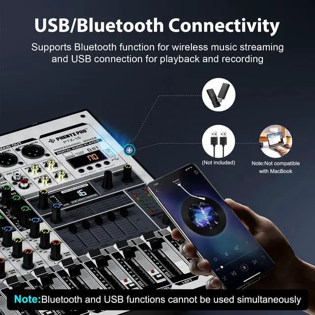 Alt view image 5 of 6 - Professional Audio Mixer, Sound Console w/USB Audio Interface, 4-Channel Sound board DJ Mixer w/Stereo Equalizer, 16 DSP Effects, suitable for Stage, Live Gigs, and Karaoke (PTX-15)