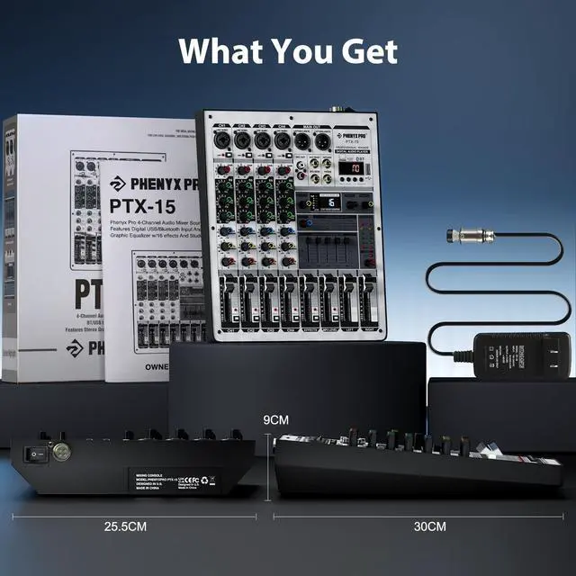 Alt view image 6 of 6 - Professional Audio Mixer, Sound Console w/USB Audio Interface, 4-Channel Sound board DJ Mixer w/Stereo Equalizer, 16 DSP Effects, suitable for Stage, Live Gigs, and Karaoke (PTX-15)