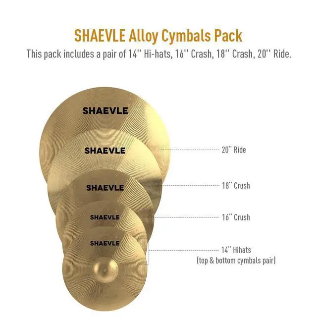 Alt view image 2 of 6 - Cymbal Pack, 5 Pieces Alloy Cymbals Drum Set, Cymbals for Drum Set Includes 14"/16"/18"/20" Cymbals, Golden