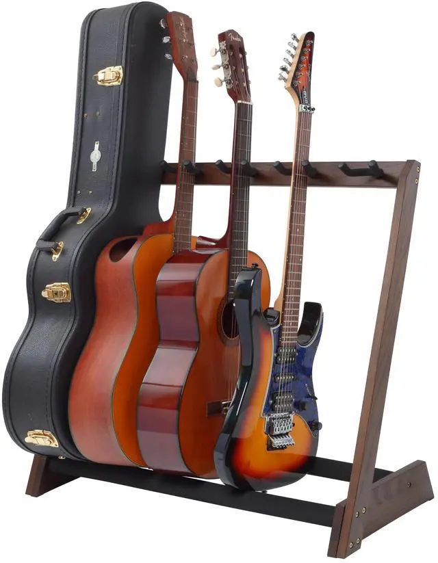 Main image of Multi-Purpose Guitar Stand 5 Wooden Guitar Rack Floor for Guitars and Cases, Cellos - German Ash