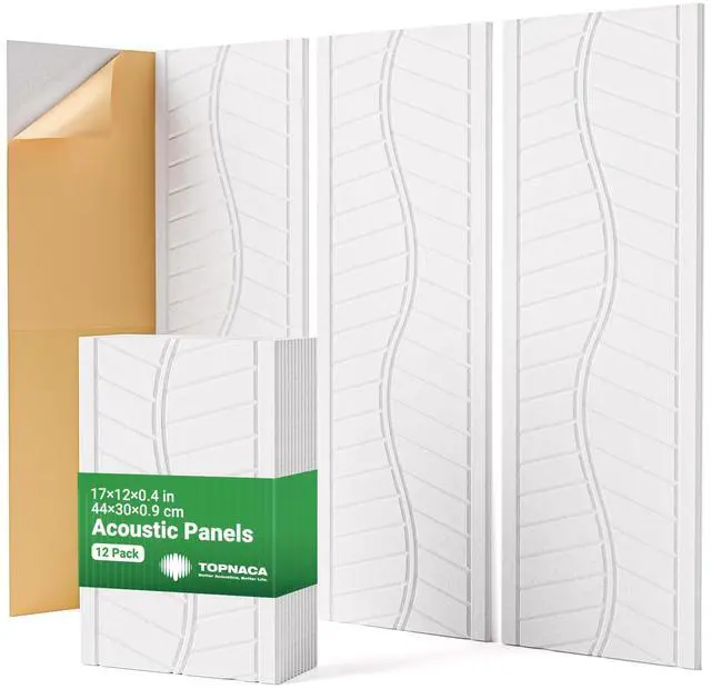 Main image of 12 Pack Acoustic Wall Panels Sound Absorbing for Recording Studio, Self-Adhesive Leaf Textured Decorative White Art Ceiling Tiles - Acoustical Treatments for Home Gaming Room Door 17"×12"×0.4"