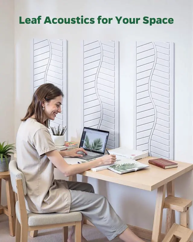 Alt view image 7 of 7 - 12 Pack Acoustic Wall Panels Sound Absorbing for Recording Studio, Self-Adhesive Leaf Textured Decorative White Art Ceiling Tiles - Acoustical Treatments for Home Gaming Room Door 17"×12"×0.4"