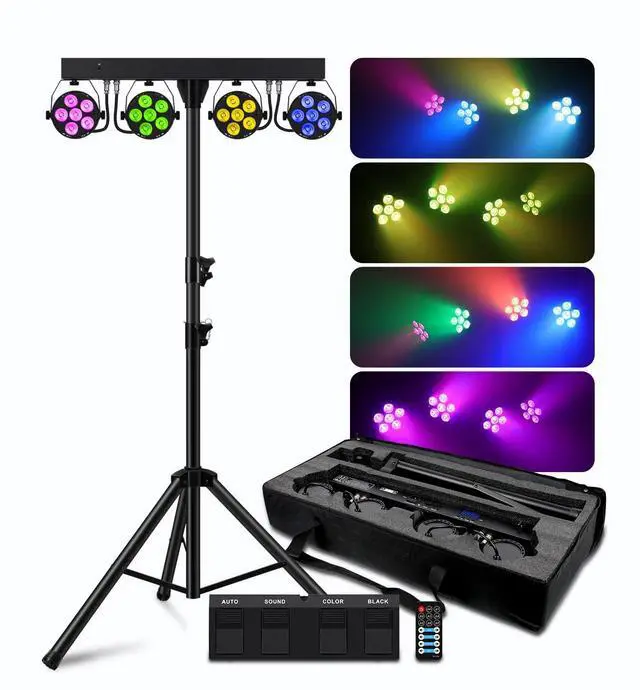 Main image of DJ Stage Lights with Stand, 240W RGBW LED Par Light, DMX, Wireless Footpedal, Remote Control, Sound-Activated Professional DJ Lighting Package for Gig Bar Wedding Party Show Church and Concerts