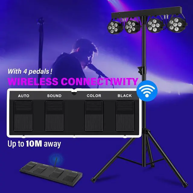 Alt view image 3 of 7 - DJ Stage Lights with Stand, 240W RGBW LED Par Light, DMX, Wireless Footpedal, Remote Control, Sound-Activated Professional DJ Lighting Package for Gig Bar Wedding Party Show Church and Concerts