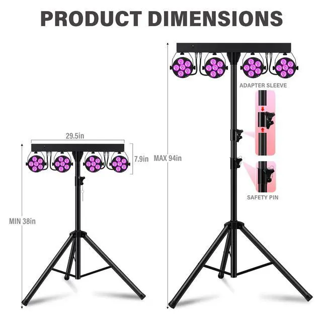 Alt view image 4 of 7 - DJ Stage Lights with Stand, 240W RGBW LED Par Light, DMX, Wireless Footpedal, Remote Control, Sound-Activated Professional DJ Lighting Package for Gig Bar Wedding Party Show Church and Concerts
