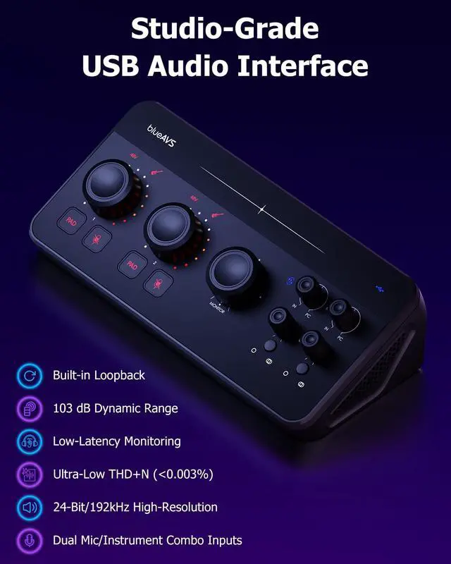 Alt view image 2 of 7 - (blueCaster TWO) USB Audio Interface 24Bit/192kHz Studio Recording Interface, USB-C & 48V Phantom Power ASIO Driver for Guitar, Podcast, Home Studio DAW, Streaming and Podcasting