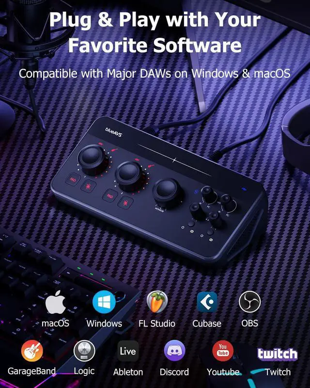 Alt view image 7 of 7 - (blueCaster TWO) USB Audio Interface 24Bit/192kHz Studio Recording Interface, USB-C & 48V Phantom Power ASIO Driver for Guitar, Podcast, Home Studio DAW, Streaming and Podcasting