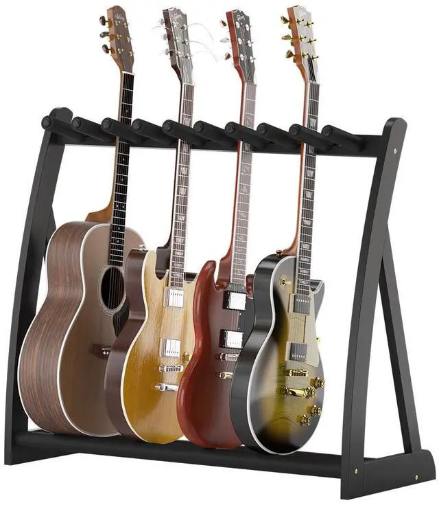 Main image of Bamboo Multi Guitar Stand, Guitar Rack for Multiple Guitars(Black) | Adjustable Dividers Fits Acoustic, Electric & Bass Foam-Padded Supports Non-Slip Feet Triangular Base Pick Storage