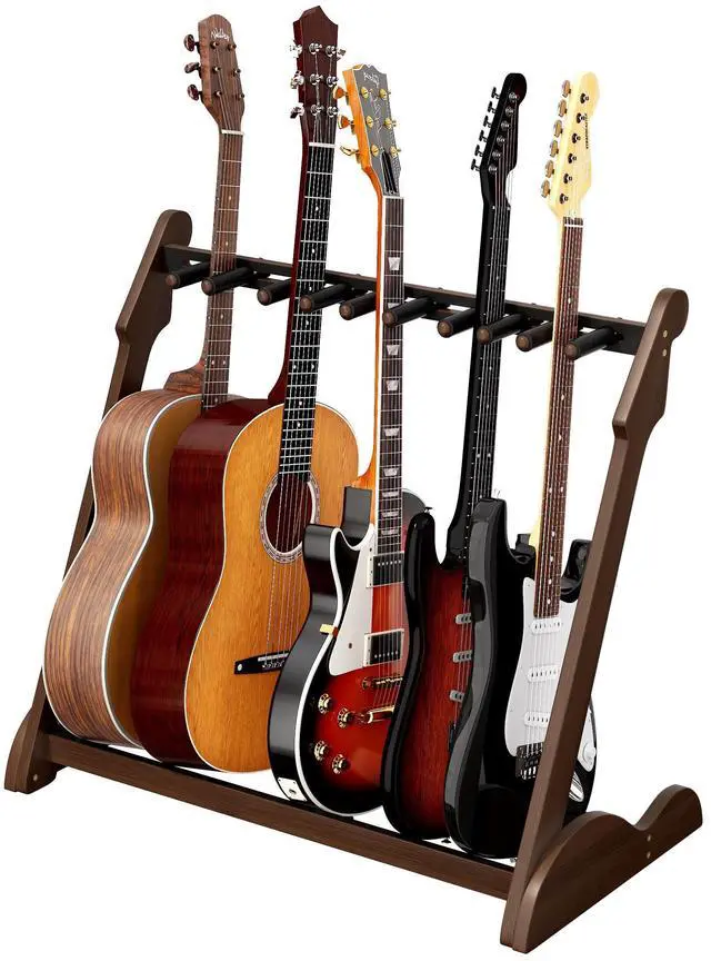 Main image of Bamboo Multi Guitar Stand, Guitar Rack for Multiple Guitars(Walnut-B) | Adjustable Dividers Fits Acoustic, Electric & Bass Foam-Padded Supports Non-Slip Feet Triangular Base Pick Storage