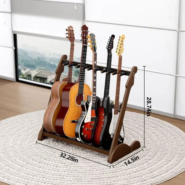 Alt view image 2 of 7 - Bamboo Multi Guitar Stand, Guitar Rack for Multiple Guitars(Walnut-B) | Adjustable Dividers Fits Acoustic, Electric & Bass Foam-Padded Supports Non-Slip Feet Triangular Base Pick Storage