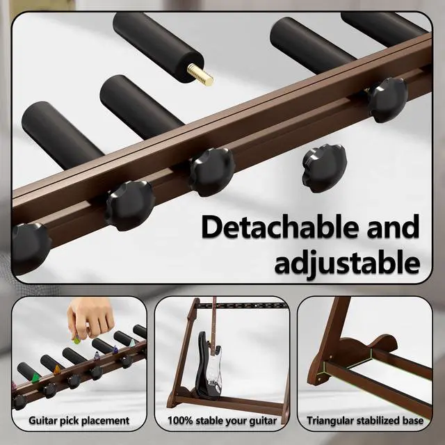 Alt view image 3 of 7 - Bamboo Multi Guitar Stand, Guitar Rack for Multiple Guitars(Walnut-B) | Adjustable Dividers Fits Acoustic, Electric & Bass Foam-Padded Supports Non-Slip Feet Triangular Base Pick Storage