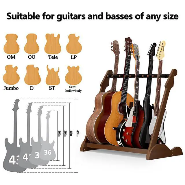 Alt view image 5 of 7 - Bamboo Multi Guitar Stand, Guitar Rack for Multiple Guitars(Walnut-B) | Adjustable Dividers Fits Acoustic, Electric & Bass Foam-Padded Supports Non-Slip Feet Triangular Base Pick Storage