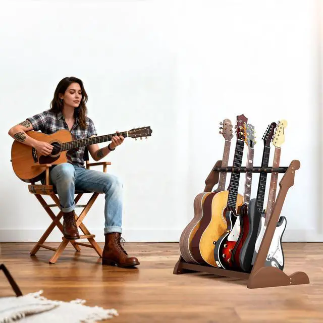 Alt view image 6 of 7 - Bamboo Multi Guitar Stand, Guitar Rack for Multiple Guitars(Walnut-B) | Adjustable Dividers Fits Acoustic, Electric & Bass Foam-Padded Supports Non-Slip Feet Triangular Base Pick Storage