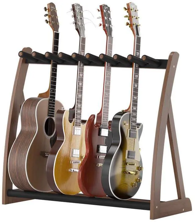 Main image of Bamboo Multi Guitar Stand, Guitar Rack for Multiple Guitars(Walnut) | Adjustable Dividers Fits Acoustic, Electric & Bass Foam-Padded Supports Non-Slip Feet Triangular Base Pick Storage