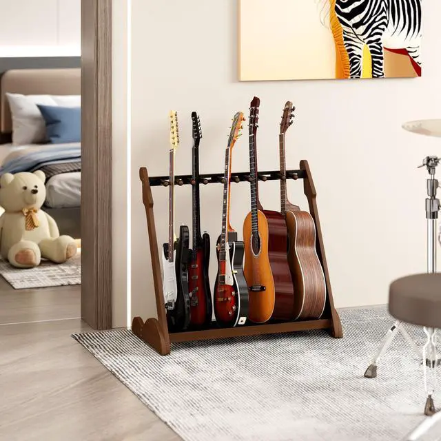 Alt view image 7 of 7 - Bamboo Multi Guitar Stand, Guitar Rack for Multiple Guitars(Walnut-B) | Adjustable Dividers Fits Acoustic, Electric & Bass Foam-Padded Supports Non-Slip Feet Triangular Base Pick Storage