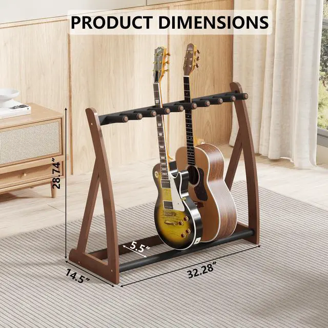 Alt view image 2 of 7 - Bamboo Multi Guitar Stand, Guitar Rack for Multiple Guitars(Walnut) | Adjustable Dividers Fits Acoustic, Electric & Bass Foam-Padded Supports Non-Slip Feet Triangular Base Pick Storage