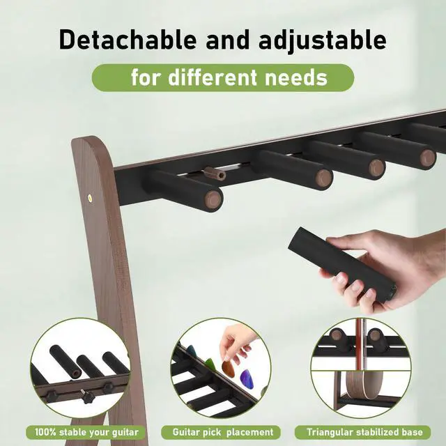 Alt view image 3 of 7 - Bamboo Multi Guitar Stand, Guitar Rack for Multiple Guitars(Walnut) | Adjustable Dividers Fits Acoustic, Electric & Bass Foam-Padded Supports Non-Slip Feet Triangular Base Pick Storage