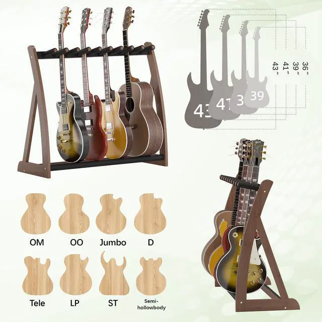Alt view image 5 of 7 - Bamboo Multi Guitar Stand, Guitar Rack for Multiple Guitars(Walnut) | Adjustable Dividers Fits Acoustic, Electric & Bass Foam-Padded Supports Non-Slip Feet Triangular Base Pick Storage