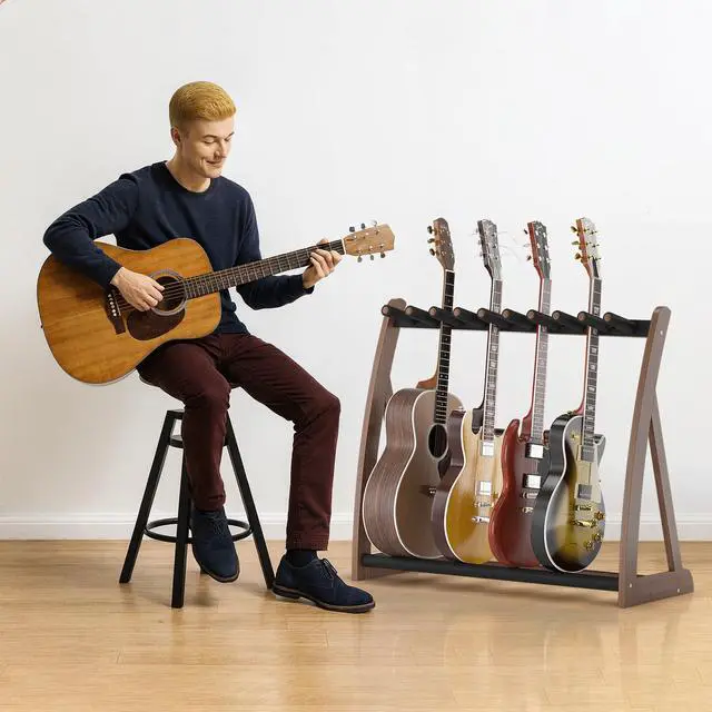 Alt view image 6 of 7 - Bamboo Multi Guitar Stand, Guitar Rack for Multiple Guitars(Walnut) | Adjustable Dividers Fits Acoustic, Electric & Bass Foam-Padded Supports Non-Slip Feet Triangular Base Pick Storage