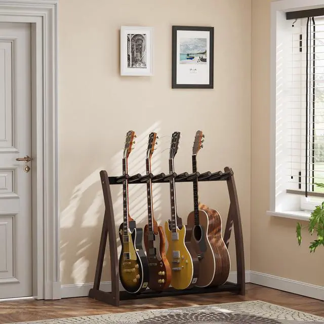 Alt view image 7 of 7 - Bamboo Multi Guitar Stand, Guitar Rack for Multiple Guitars(Walnut) | Adjustable Dividers Fits Acoustic, Electric & Bass Foam-Padded Supports Non-Slip Feet Triangular Base Pick Storage